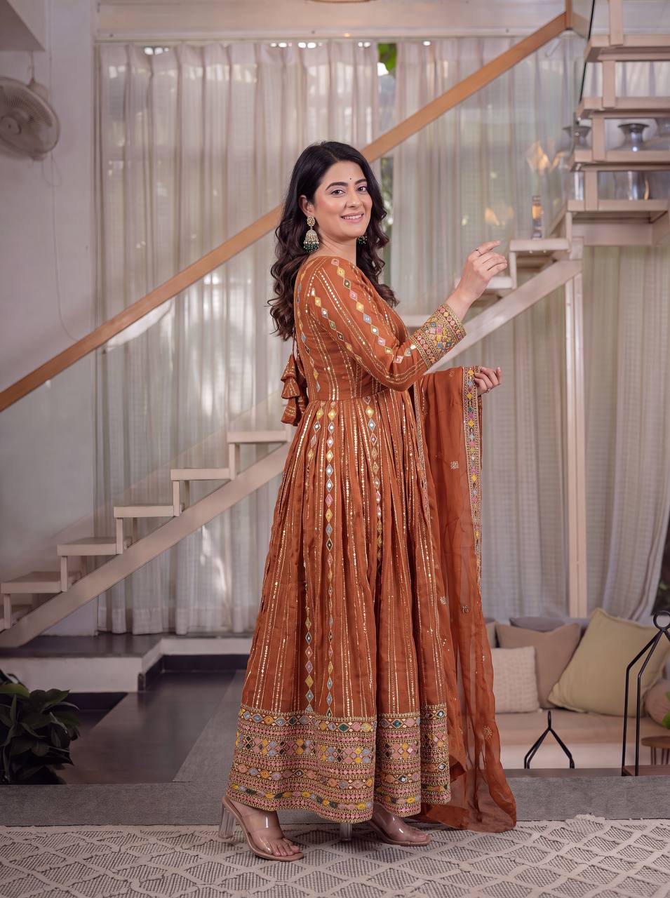 Graceful Rust Brown Embroidered Anarkali Suit Set with Designer Dupatta