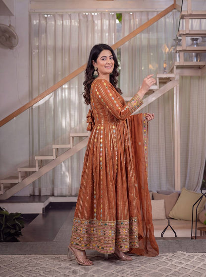 Graceful Rust Brown Embroidered Anarkali Suit Set with Designer Dupatta
