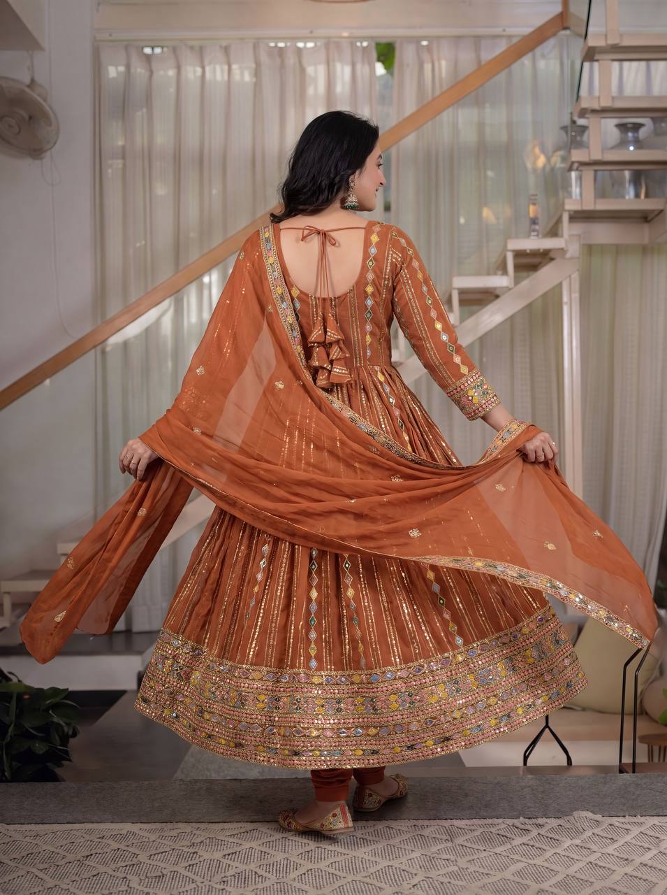 Graceful Rust Brown Embroidered Anarkali Suit Set with Designer Dupatta
