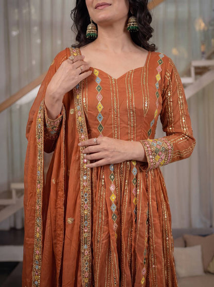 Graceful Rust Brown Embroidered Anarkali Suit Set with Designer Dupatta