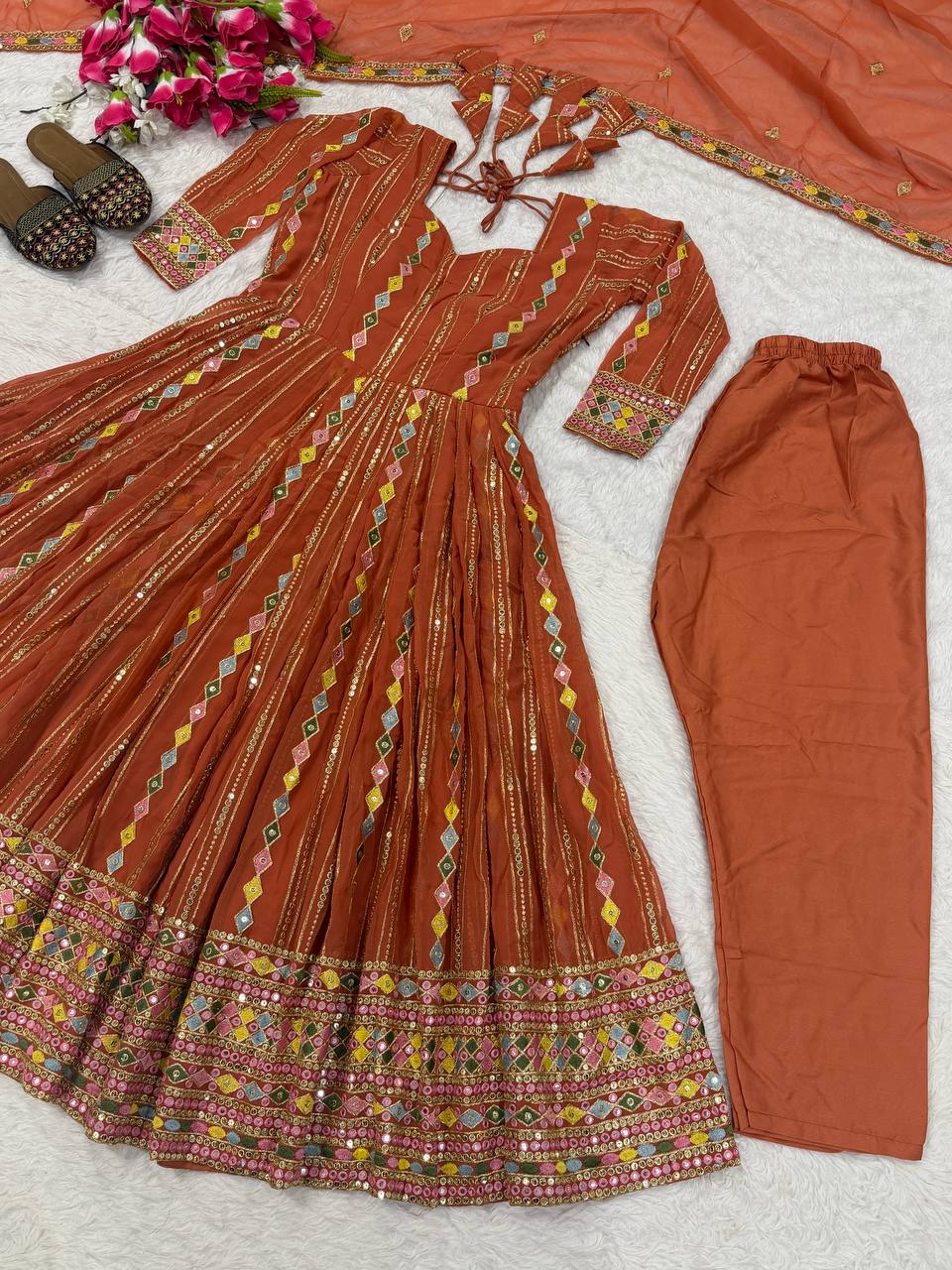 Graceful Rust Brown Embroidered Anarkali Suit Set with Designer Dupatta