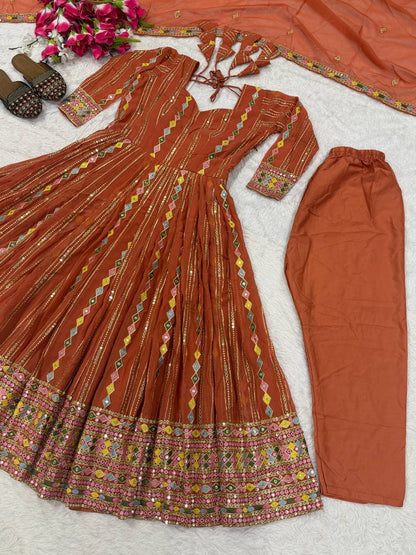 Graceful Rust Brown Embroidered Anarkali Suit Set with Designer Dupatta