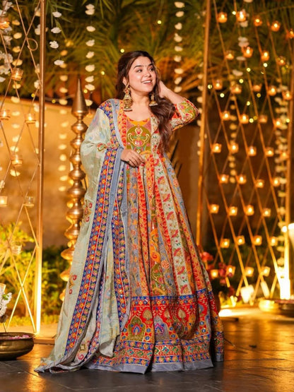 Beautiful Mist Premium Chinon Silk Designer Anarkali Gown Set with Heritage Print