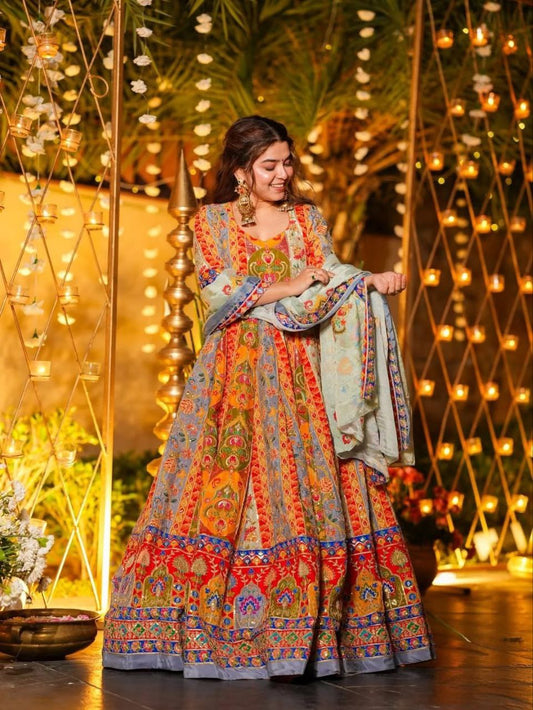 Beautiful Mist Premium Chinon Silk Designer Anarkali Gown Set with Heritage Print