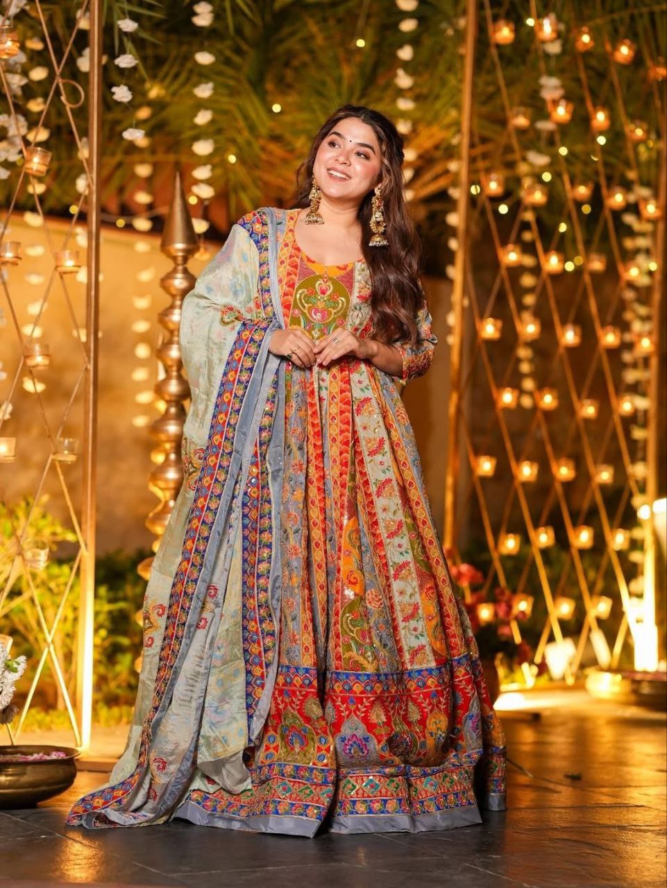 Beautiful Mist Premium Chinon Silk Designer Anarkali Gown Set with Heritage Print