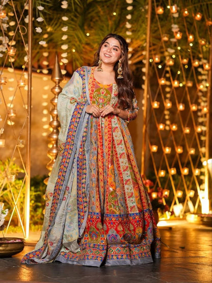 Beautiful Mist Premium Chinon Silk Designer Anarkali Gown Set with Heritage Print
