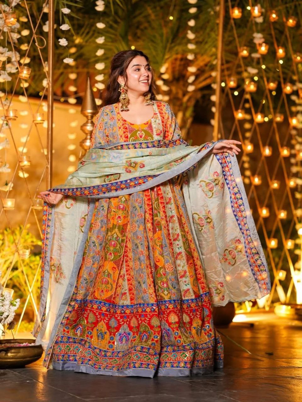 Beautiful Mist Premium Chinon Silk Designer Anarkali Gown Set with Heritage Print
