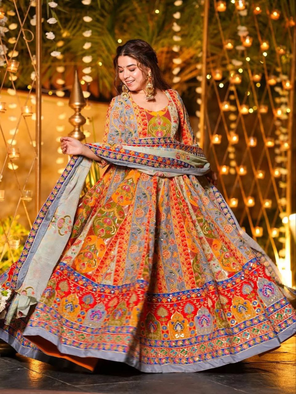 Beautiful Mist Premium Chinon Silk Designer Anarkali Gown Set with Heritage Print