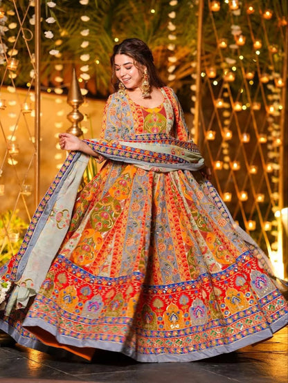 Beautiful Mist Premium Chinon Silk Designer Anarkali Gown Set with Heritage Print