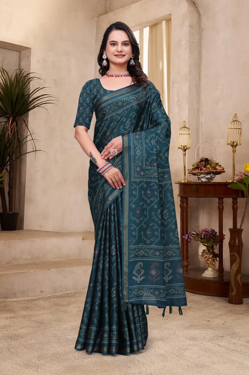 Beautiful Teal Blue Mal Cotton Saree with Traditional Ethnic Print Design