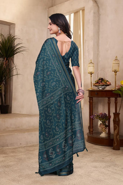 Beautiful Teal Blue Mal Cotton Saree with Traditional Ethnic Print Design