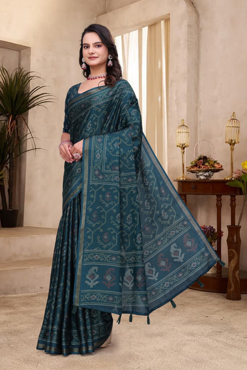 Beautiful Teal Blue Mal Cotton Saree with Traditional Ethnic Print Design