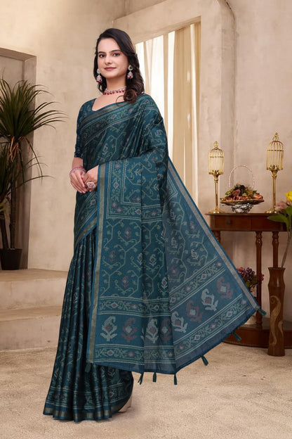 Beautiful Teal Blue Mal Cotton Saree with Traditional Ethnic Print Design