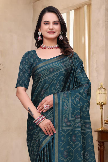 Beautiful Teal Blue Mal Cotton Saree with Traditional Ethnic Print Design