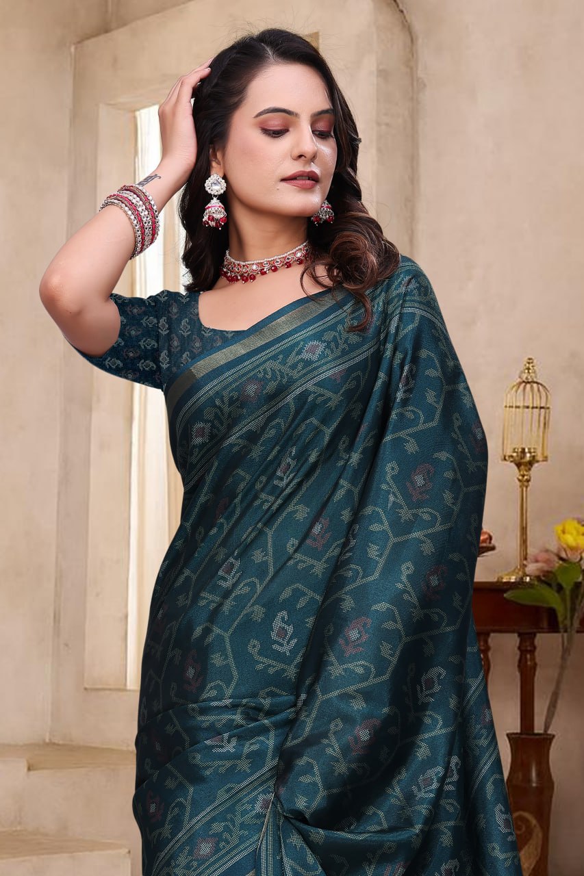 Beautiful Teal Blue Mal Cotton Saree with Traditional Ethnic Print Design