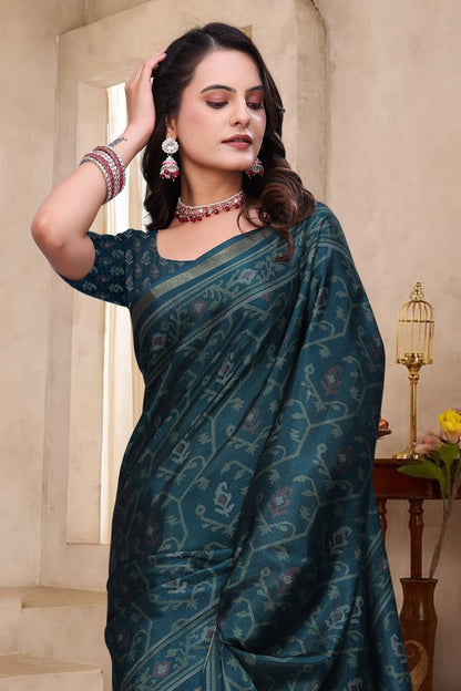 Beautiful Teal Blue Mal Cotton Saree with Traditional Ethnic Print Design