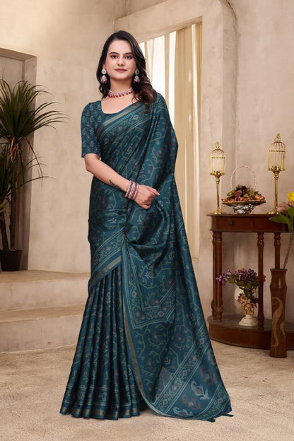 Beautiful Teal Blue Mal Cotton Saree with Traditional Ethnic Print Design
