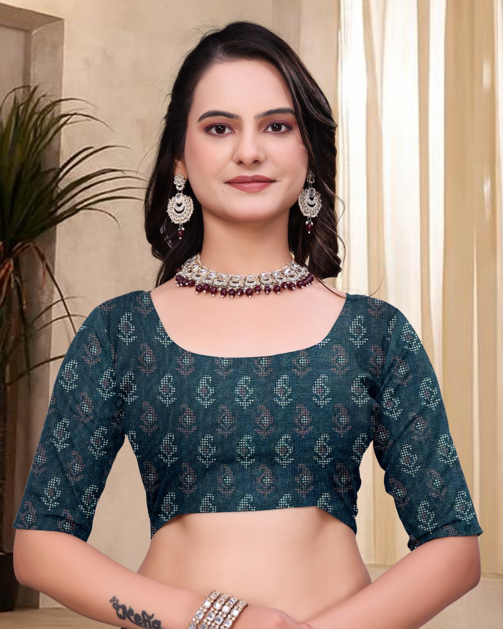 Beautiful Teal Blue Mal Cotton Saree with Traditional Ethnic Print Design