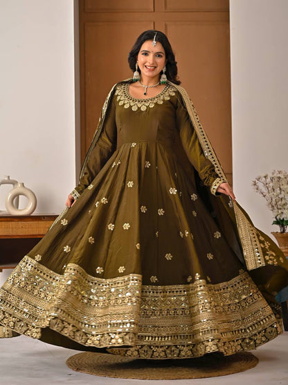 Beautiful Olive Green Vichitra Silk Embroidered Anarkali Gown with Dupatta