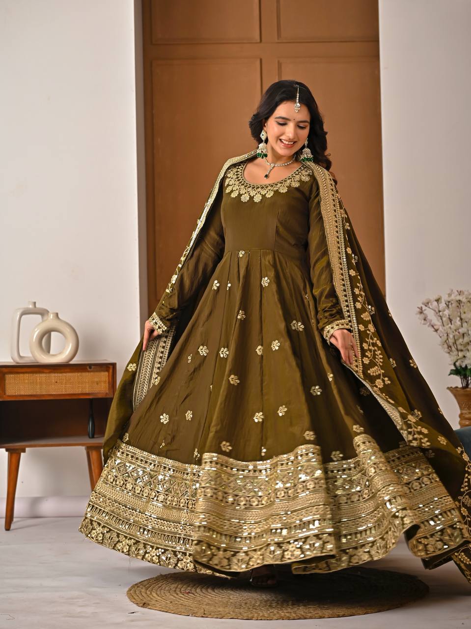 Beautiful Olive Green Vichitra Silk Embroidered Anarkali Gown with Dupatta