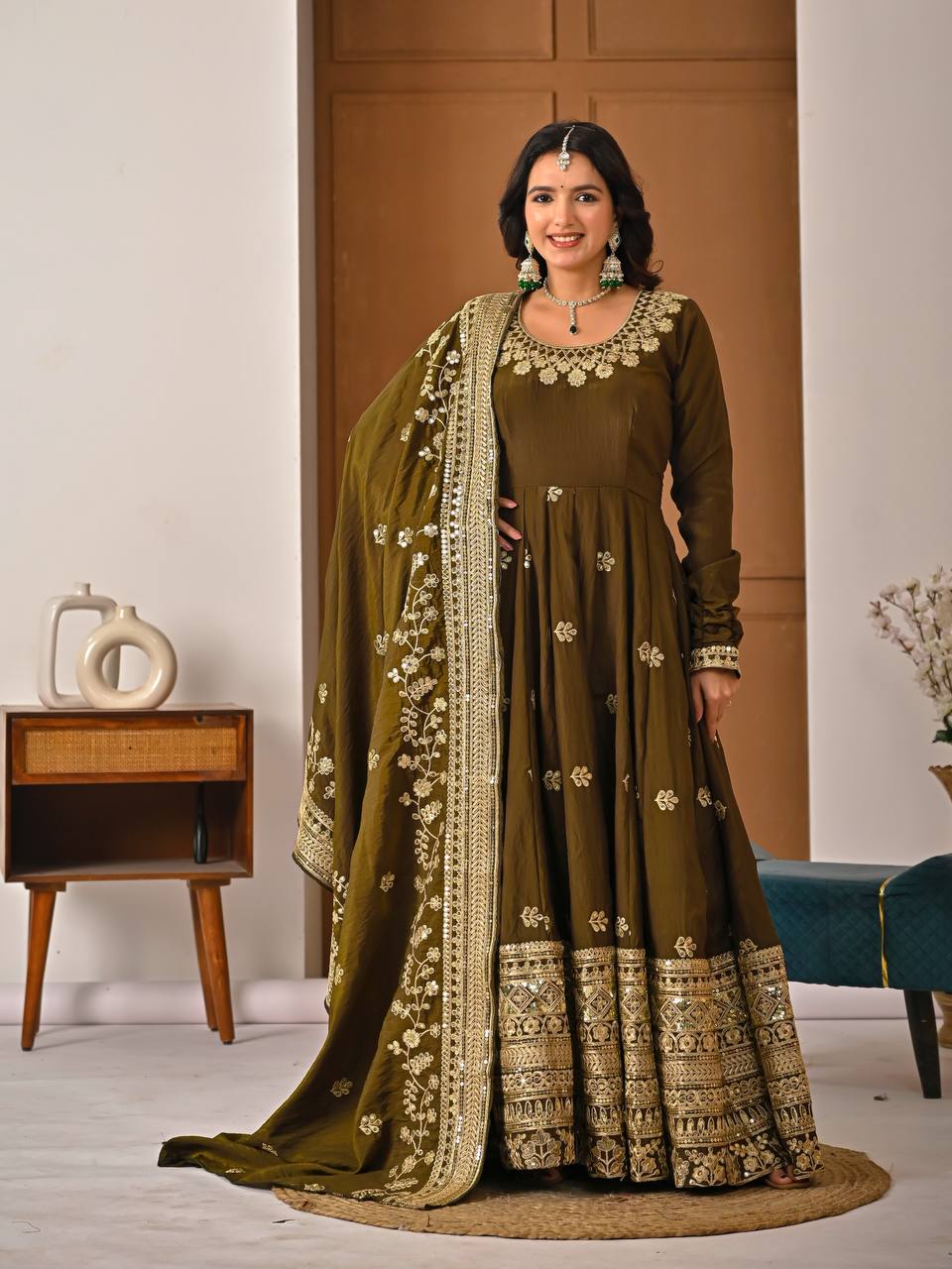 Beautiful Olive Green Vichitra Silk Embroidered Anarkali Gown with Dupatta