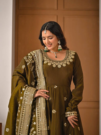 Beautiful Olive Green Vichitra Silk Embroidered Anarkali Gown with Dupatta