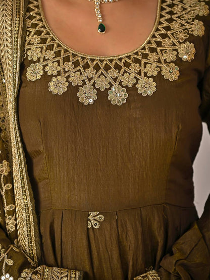 Beautiful Olive Green Vichitra Silk Embroidered Anarkali Gown with Dupatta