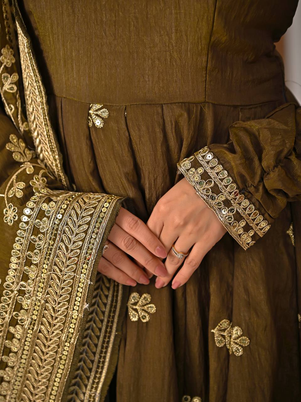 Beautiful Olive Green Vichitra Silk Embroidered Anarkali Gown with Dupatta