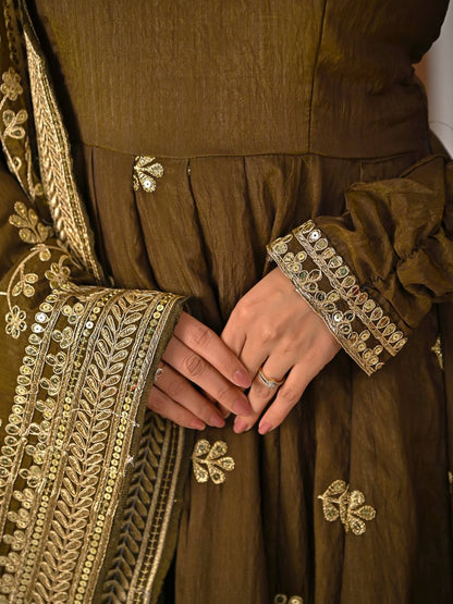 Beautiful Olive Green Vichitra Silk Embroidered Anarkali Gown with Dupatta