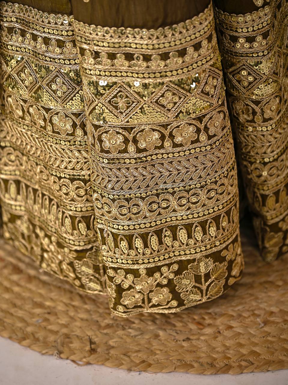 Beautiful Olive Green Vichitra Silk Embroidered Anarkali Gown with Dupatta