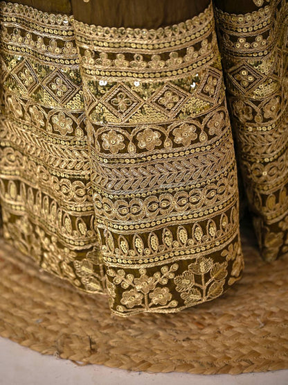 Beautiful Olive Green Vichitra Silk Embroidered Anarkali Gown with Dupatta