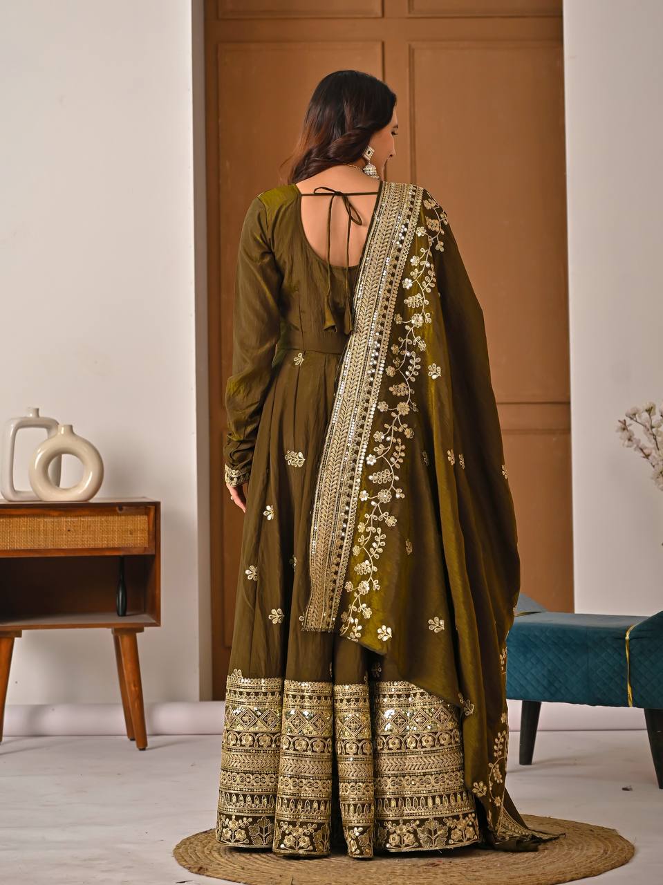 Beautiful Olive Green Vichitra Silk Embroidered Anarkali Gown with Dupatta