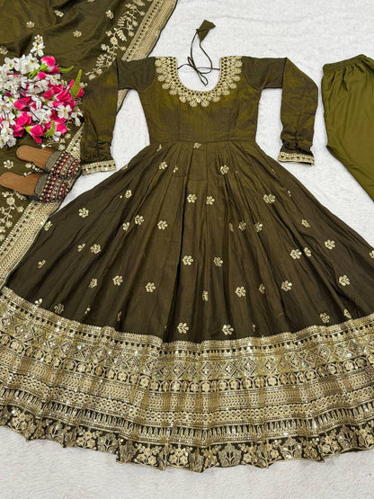 Beautiful Olive Green Vichitra Silk Embroidered Anarkali Gown with Dupatta