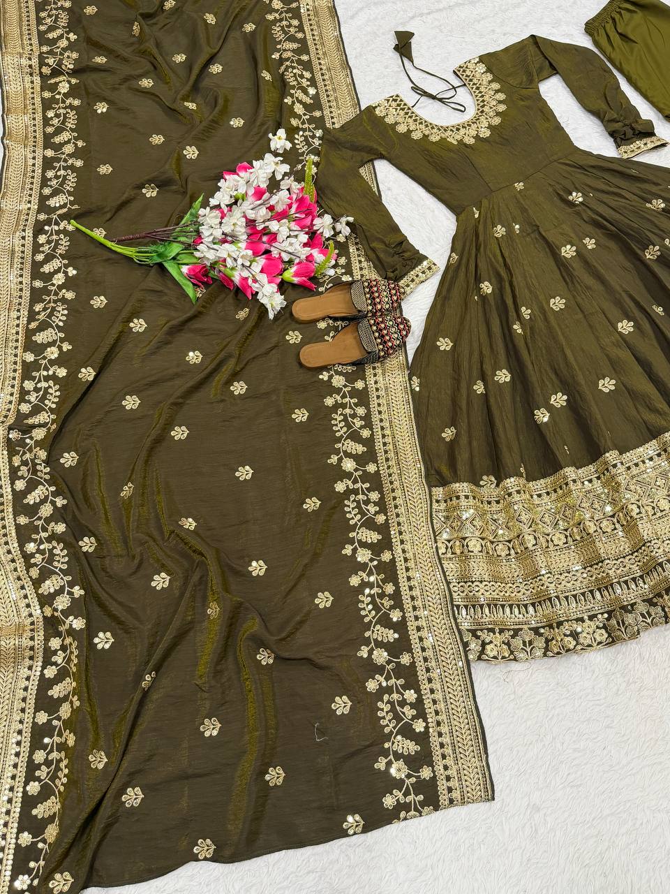 Beautiful Olive Green Vichitra Silk Embroidered Anarkali Gown with Dupatta