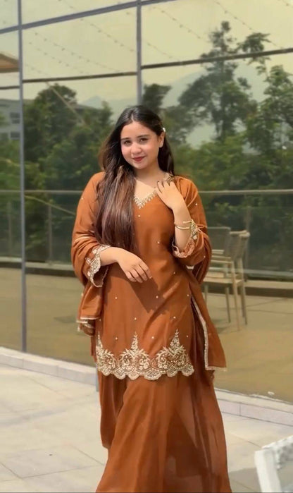 Fantastic Rust Chocolate Heavy Fox Georgette Scalloped Suit Set