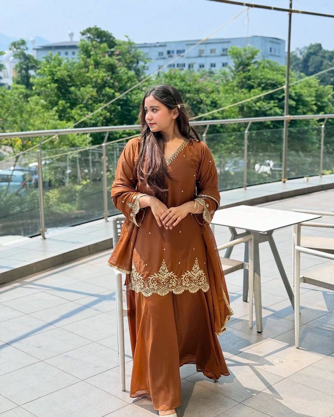 Fantastic Rust Chocolate Heavy Fox Georgette Scalloped Suit Set