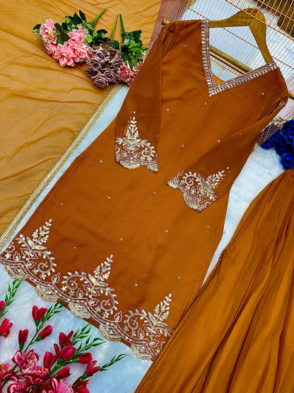 Fantastic Rust Chocolate Heavy Fox Georgette Scalloped Suit Set