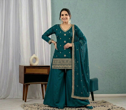 Graceful Teal Embroidered  Kurta Plazzo  and Dupatta for Festive & Ethnic Wear