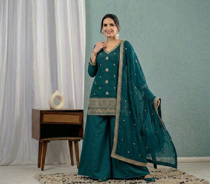 Graceful Teal Embroidered  Kurta Plazzo  and Dupatta for Festive & Ethnic Wear