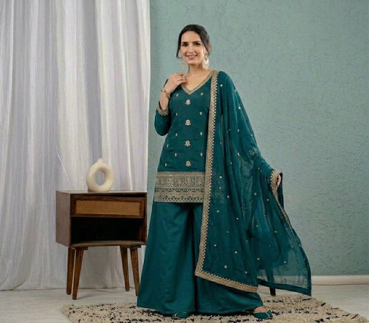 Graceful Teal Embroidered  Kurta Plazzo  and Dupatta for Festive & Ethnic Wear