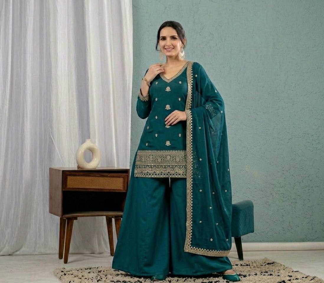 Graceful Teal Embroidered  Kurta Plazzo  and Dupatta for Festive & Ethnic Wear