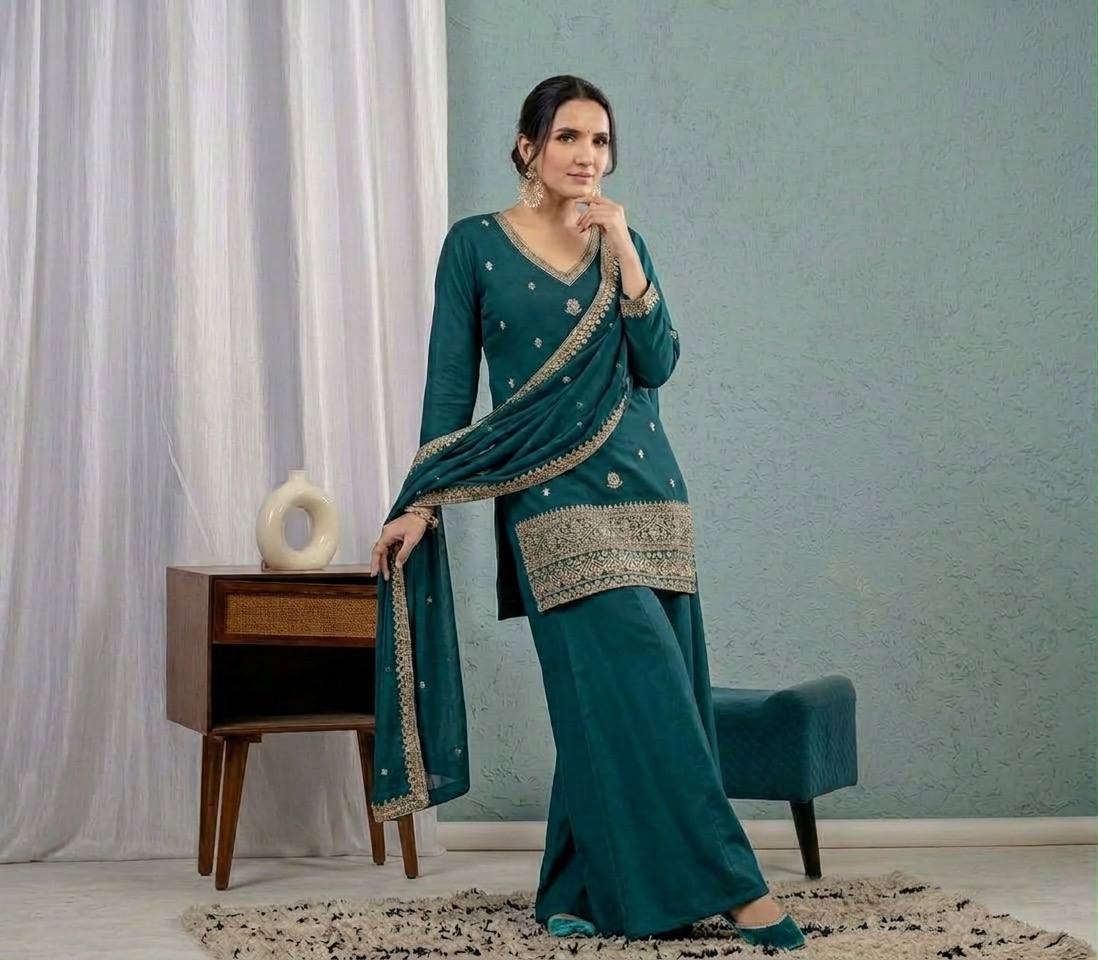 Graceful Teal Embroidered  Kurta Plazzo  and Dupatta for Festive & Ethnic Wear