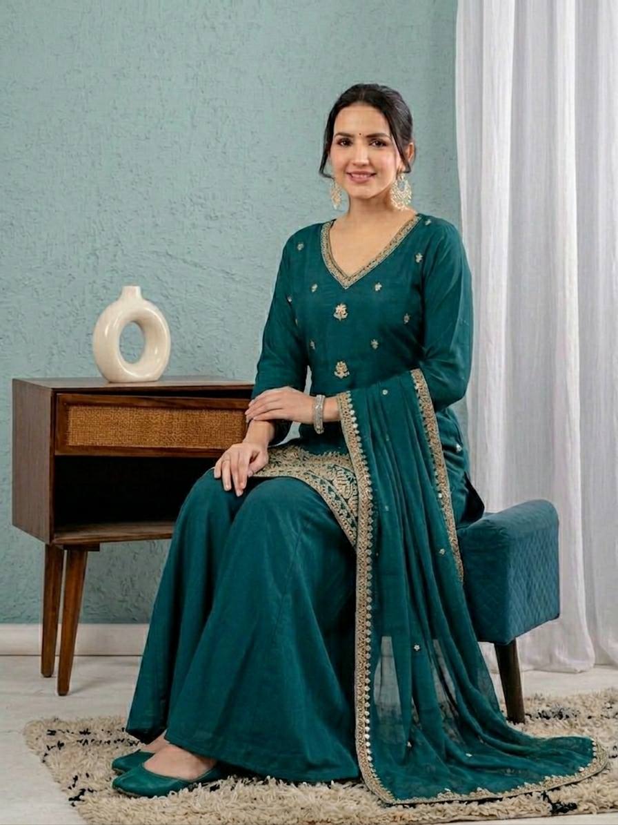 Graceful Teal Embroidered  Kurta Plazzo  and Dupatta for Festive & Ethnic Wear