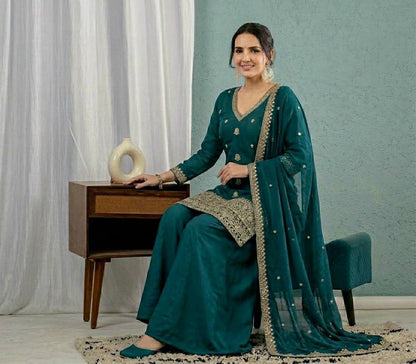 Graceful Teal Embroidered  Kurta Plazzo  and Dupatta for Festive & Ethnic Wear