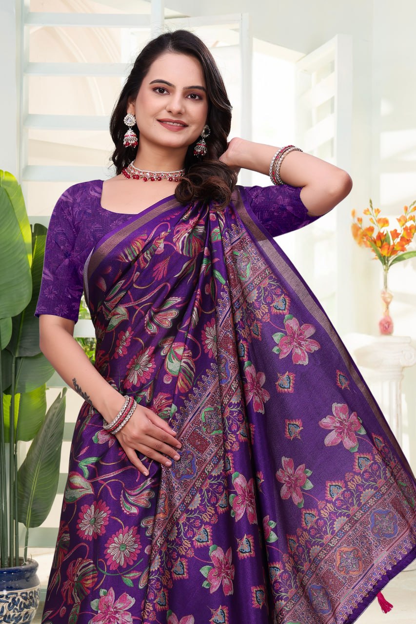 Royal Purple Floral Printed Mal Cotton Saree with Elegant Designer Pallu