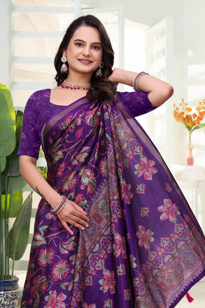 Royal Purple Floral Printed Mal Cotton Saree with Elegant Designer Pallu