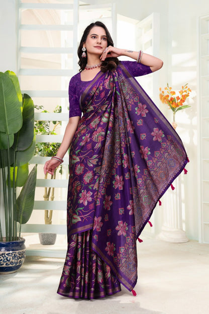 Royal Purple Floral Printed Mal Cotton Saree with Elegant Designer Pallu