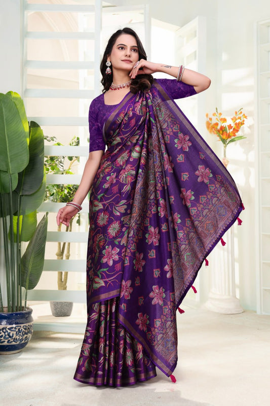 Royal Purple Floral Printed Mal Cotton Saree with Elegant Designer Pallu