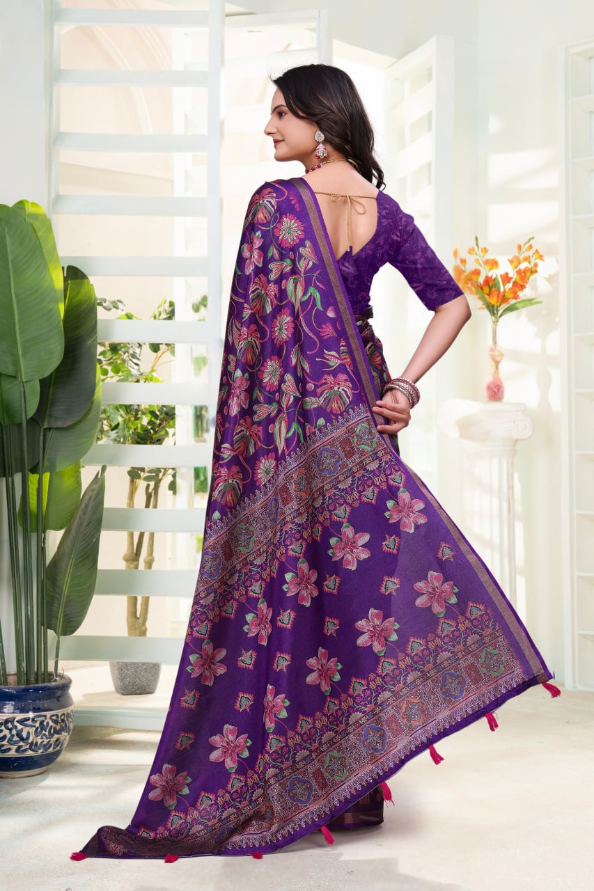 Royal Purple Floral Printed Mal Cotton Saree with Elegant Designer Pallu