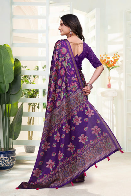 Royal Purple Floral Printed Mal Cotton Saree with Elegant Designer Pallu
